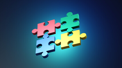 Colorful puzzle composition on blue background. 3D render illustration.