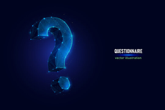 Question mark symbol digital wireframe made of connected dots. QnA sign low poly vector illustration on blue background.