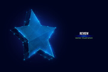 Star symbol digital wireframe made of connected dots. Review sign low poly vector illustration on blue background.