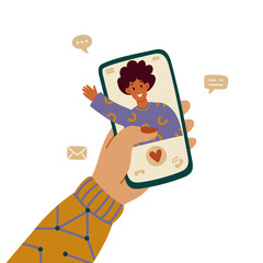 Online dating service application. Female hand holding smartphone with men profile. Modern young people looking for a couple. Concept of social media, virtual relationship communication. Virtual love.