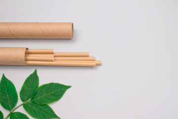 Mockup image of brown paper straws packed in kraft paper tube or container on light gray background with copyspace. Sustainable lifestyle, zero waste concept. Square composition, selective focus