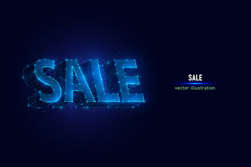 Sell symbol digital wireframe made of connected dots. Holiday discount sign low poly vector illustration on blue background.