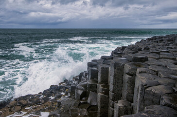 Giants of Causeway , Ireland Sea Coast Sunset,  Atrim landscapes,  North Ireland, Land of Myths and Legends Ireland, Stone pillars, Cliffs and Rocks 