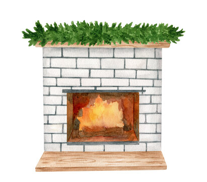Watercolor brick burning fireplace decorated with fir garland. Hand painted white stone Christmas fire place isolated on white background. Cozy home winter interior element. Modern design.
