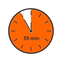 Clock icon with 55 minute time interval. Countdown timer or stopwatch symbol. Waiting midnight, New Year night concept. Infographic element for cooking or sport game. Vector flat illustration.