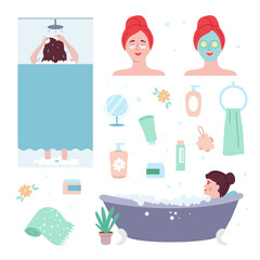 Woman take a showdr and bath set.