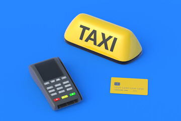 Yellow taxi sign near credit card and cash register. Payment for carrier services. Modern type of calculation. Cashless payment. Franchise cost. Passenger transport rental. 3d render