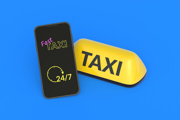 Taxi ordering around the clock. Calling passenger transport online. Work schedule without days off. Yellow cab sign near mobile phone with inscription fast taxi 24 7. 3d render