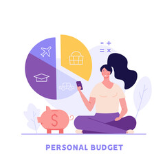 Woman forms the family budget, divides the items of expenditure. Concept of budget, finance control, date, finance, personal budget, family money. Vector illustration in flat design