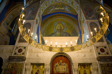 Fototapeta na wymiar Interior of Archangelo-Mikhailovsky Zverinetsky cave monastery - a cave monastery in Kyiv, Ukraine