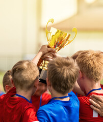 Group of Happy Boys in Red and Blue Sports T-shirts Pick Up the Golden Cup. School Kids Winning...