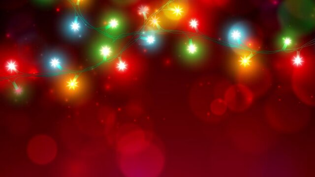 Animated colorful christmas lights. Merry Christmas happy new year holiday greeting card. Glowing lights on red background. Glowing xmas garland. Holiday xmas party banner design. Seamless loop