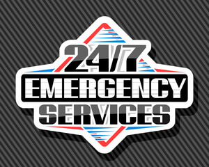 Vector sign 24/7 Emergency Services, white isolated label with illustration of colorful stripes, unique decorative lettering for black words 24/7 emergency services, shadow on grey striped background.
