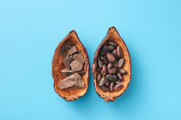 Halved pod with chocolate and beans