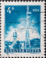 HUNGARY - CIRCA 1972: A post stamp printed in Hungary showing the Television Tower, Pécs - obrazy, fototapety, plakaty