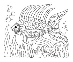 Coloring page fish. Sea animal with patterns. Doodle thin line art. Coral reef hand drawn vector illustration. Underwater ocean dweller. Coloring book for children and adult.