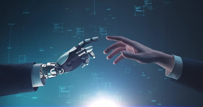 Human and robotic businessmen against data