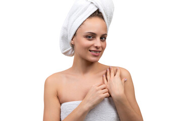 Is it possible to half-length portrait of a woman after a shower, skin care and beauty treatments concept