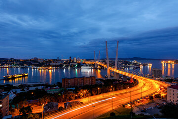 Summer, 2018 - Vladivostok, Russia - Panoramic shooting of Vladivostok. Vverny Vladivostok. Golden Bridge at night.