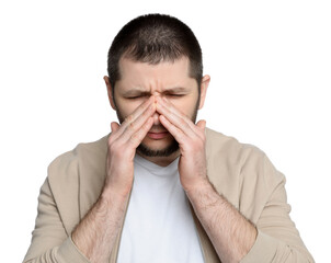 Man suffering from headache on white background