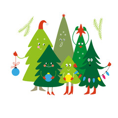 Christmas card. Cute cartoon Christmas trees