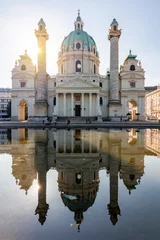 Deurstickers Karlskirche church reflected in pond, Vienna, Austria © Mistervlad
