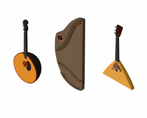 Vector illustration in isometric style on the theme of  isometric Russian, stringed musical instruments : domra, gusli, balalaika - obrazy, fototapety, plakaty