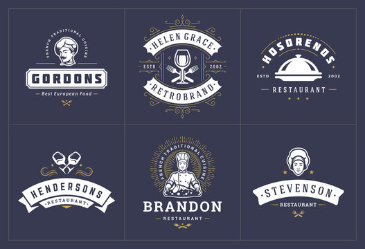 Restaurant logos templates set vector illustration good for menu labels and cafe badges