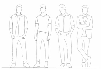 men drawing by one continuous line, vector, isolated