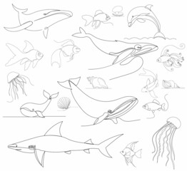 sea animals, fish set one continuous line drawing, vector, isolated