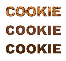 Cookie text with chocolate and biscuit texture on white