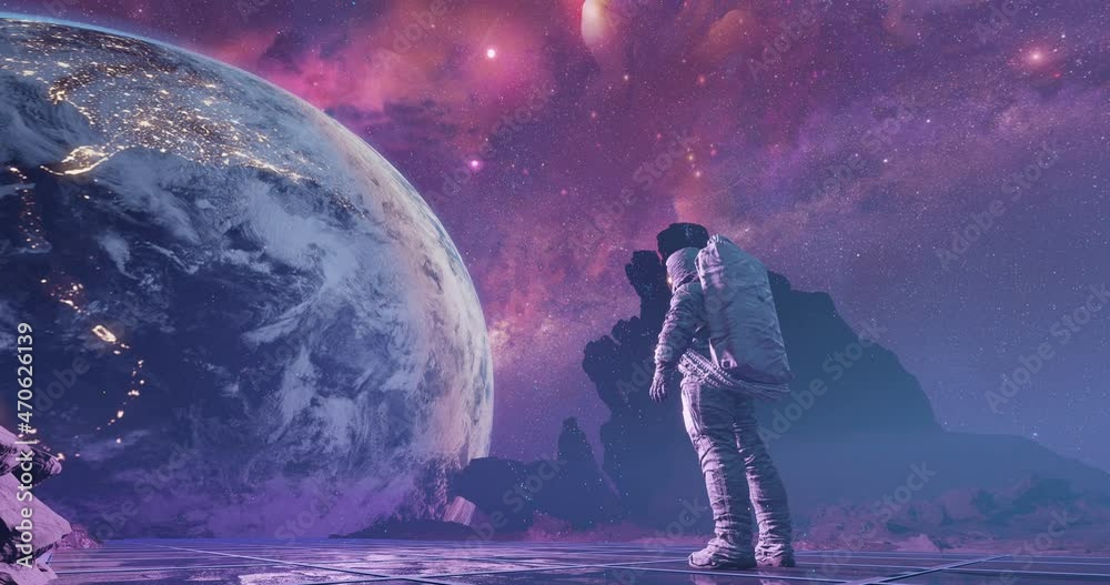 Wall mural an astronaut on alien planet watching earth and stars, standing between rocks on launchpad