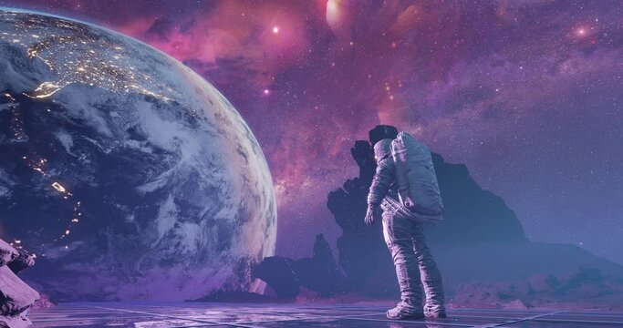 An astronaut on alien planet watching Earth and stars, standing between rocks on launchpad