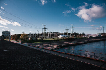 Fototapeta na wymiar Electric station on Daugava river in Riga