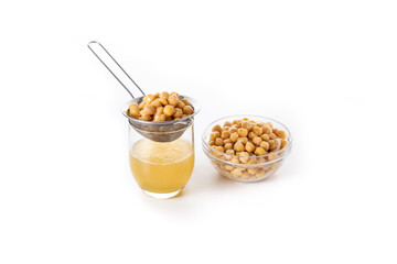 Chickpea water aquafaba isolated on white background. Chickpea water is a substitute for eggs in pastries	