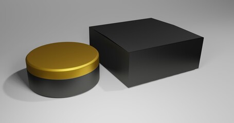 cosmetic jar and box with gold and black lid