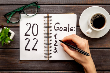 Goals 2022 - New Year goals planning, text in notebook. Top view, flat lay