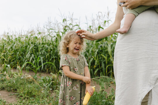 Upset girl crying by mother in corn field
