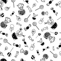 Vector Black and white Halloween Trick or Treat seamless background pattern
