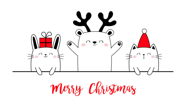 Merry Christmas Happy New Year. Cute bear bunny cat. Red Santa hat, deer horns. Funny kawaii doodle animal set. Cartoon funny baby pet. Line kitten kitty rabbit. Flat design. White background