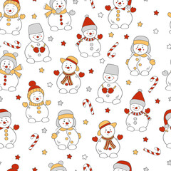 Seamless pattern with cute Christmas snowmen