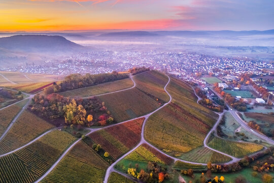 Germany, Baden-Wurttemberg, Korb, Drone view of vineyards and surrounding town at foggy autumn dawn