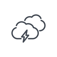 Two clouds with lightning line icon. Weather and Climate vector outline sign.