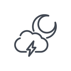 Moon crescent and cloud with lightning line icon. Weather and Climate vector outline sign.