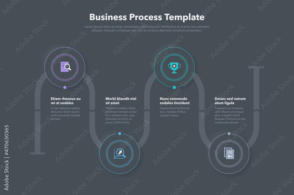 Poster Simple business process template with four steps - dark version. Easy to use for your website or presentation.