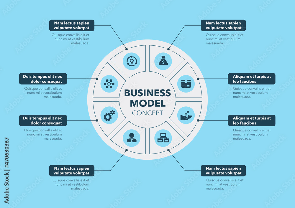 Poster Modern concept for business model diagram with eight steps and place for your description - blue version. Flat infographic design template for website or presentation.