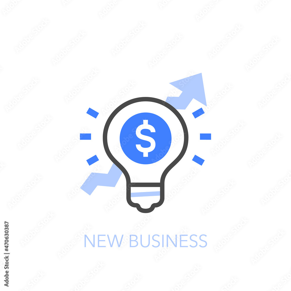 Poster new business symbol with a light bulb and financial growing curve. easy to use for your website or p