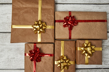 Christmas Gift boxes wrapped in craft paper