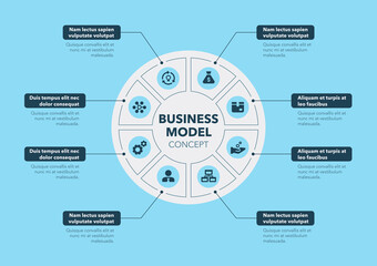 Modern concept for business model diagram with eight steps and place for your description - blue version. Flat infographic design template for website or presentation.