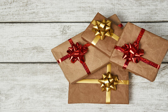 Christmas Gift boxes wrapped in craft paper